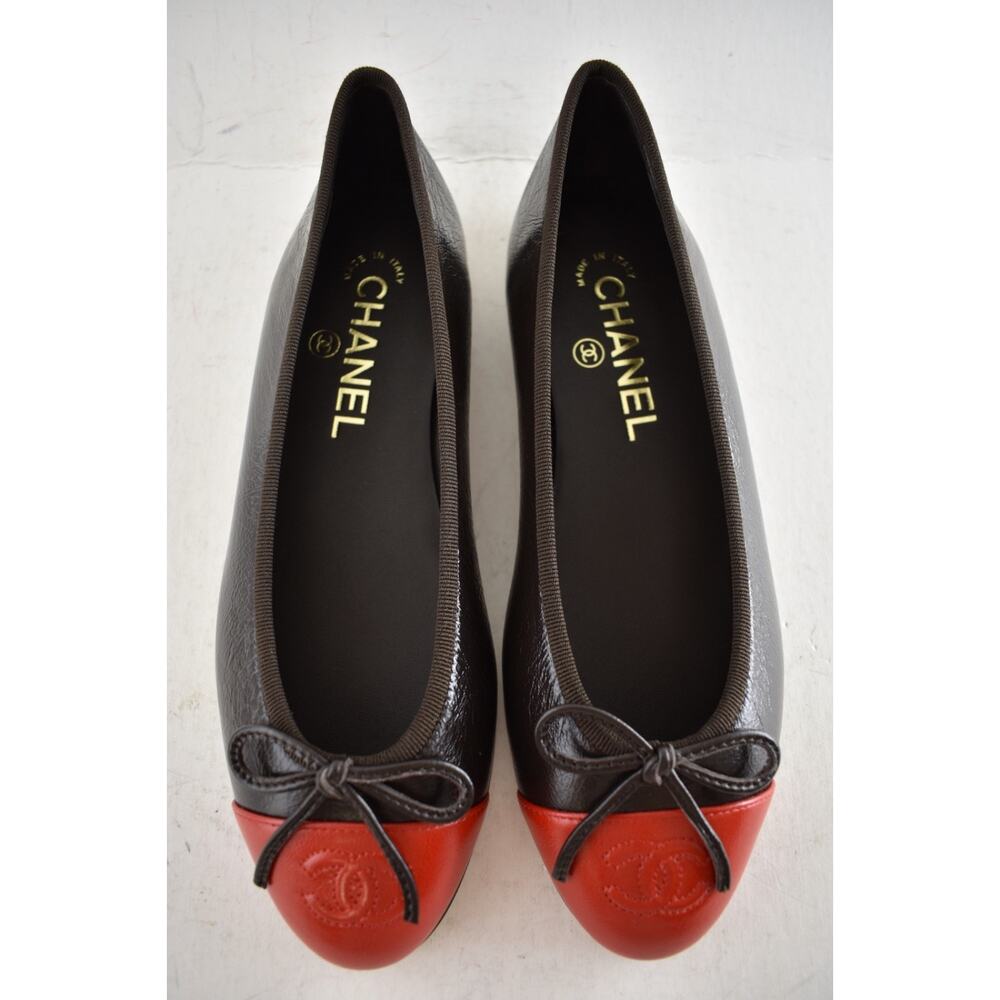 Chanel 26S Dark Brown Red Leather CC Logo Cap Classic Ballet Ballerina Flat 38 - Picture 10 of 16